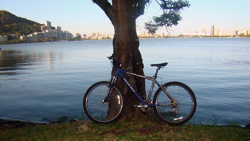 Bike azul encostada na árvore ao lado da Lagoa Rodrigo de Freitas no Rio de Janeiro.